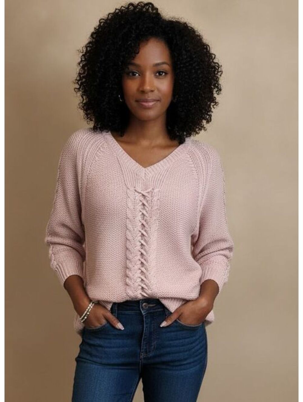 Devoted Blush Pink Cable Knit Sweater Dress XS V-Neck Cozy Tunic